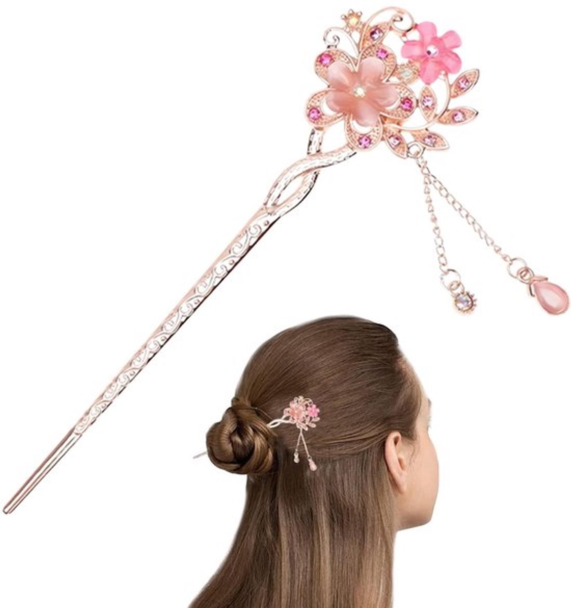 Vintage Opal en Bloem Haarspelden met Kwastjes - Retro Chinese Haaraccessoires