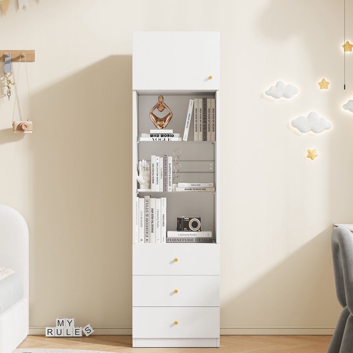 Kast Hoog En Smal Met Verstelbare Glazen Planken En 3 Lades – 50 X 40 X 180 Cm – MDF En Glas – Wit – Voor Opbergen En Tonen