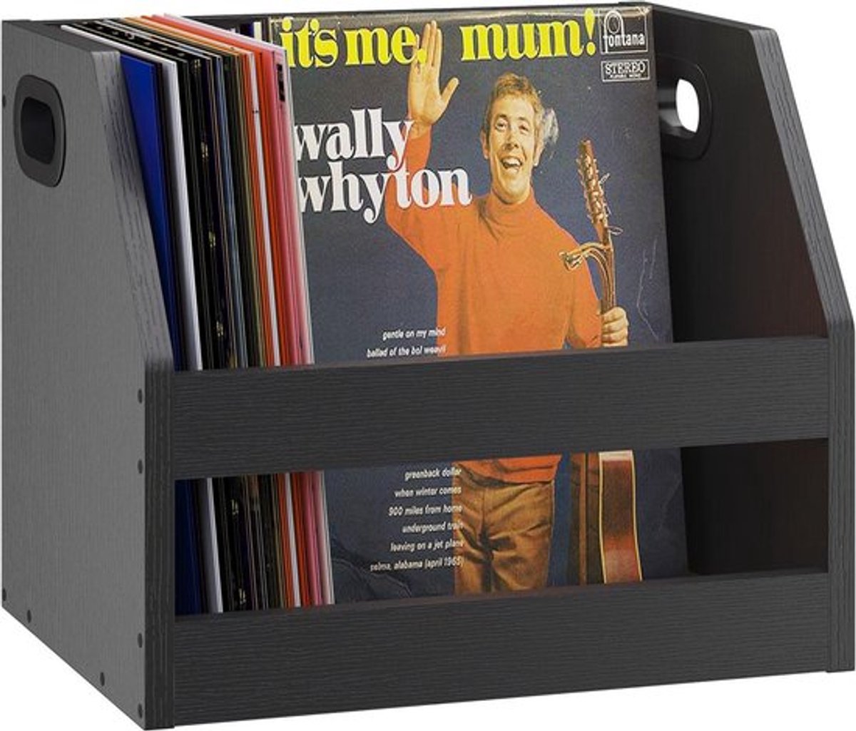 Houten bureau-organizer met handvat en boekenplank - Vinyl album opbergbox - Trapezoid LP record opbergkist - Zwart - Voor mappen, boeken en fotoalbums - 38 x 29 x 29 cm.