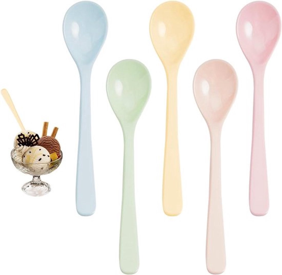 Herbruikbare kleurrijke kunststof lepels - set van 5 - voor koffie, ijs, yoghurt, eieren