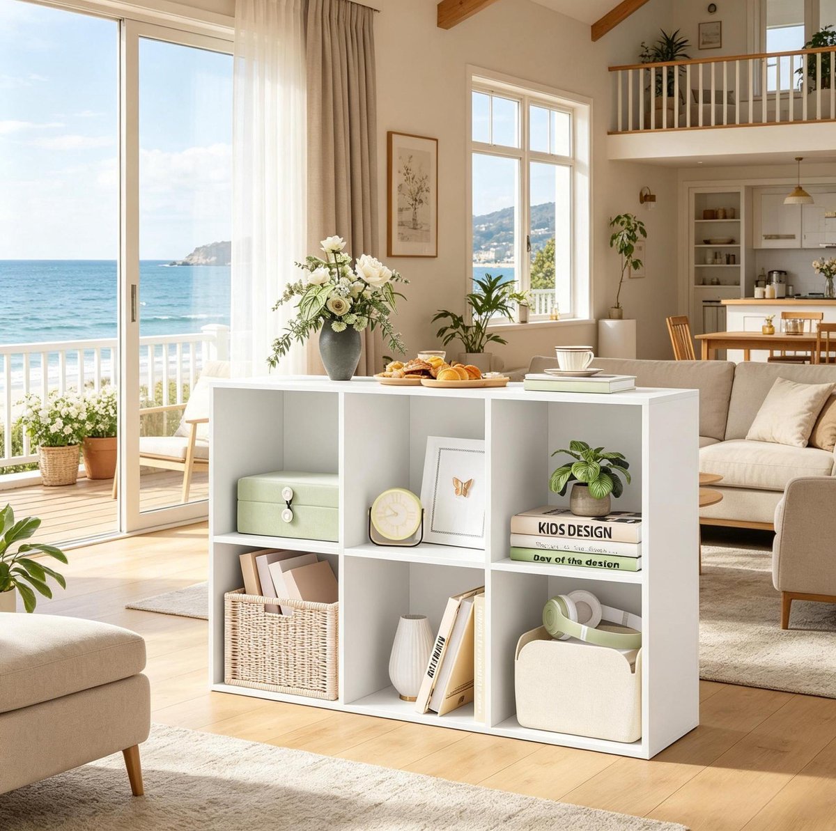 FloraGrace Boekenkast – 59,6 x 89 x 29 cm – 6 Vakken – Bewerkt Hout – Wit – Open Opbergkast Voor Woonkamer Slaapkamer Of Kantoor