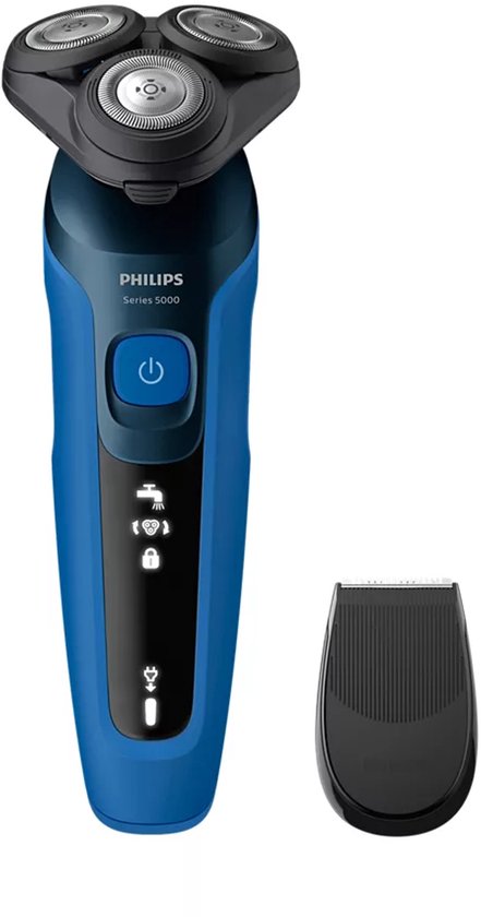 Rasoir électrique bleu Philips Série 5000 avec trois têtes rotatives et un accessoire tondeuse séparé.