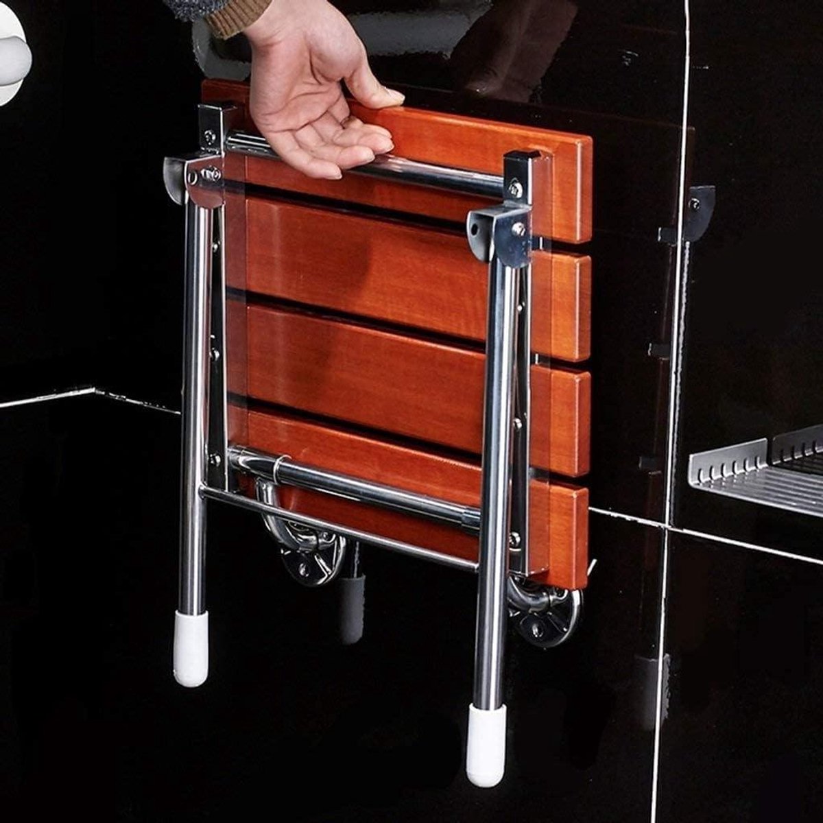 Opvouwbare Douchestoel - Wandkruk Badkamer - Veilig Douchen - Ruimtebesparend 90 Graden - 38 x 34 x 46 cm - Houtkleur