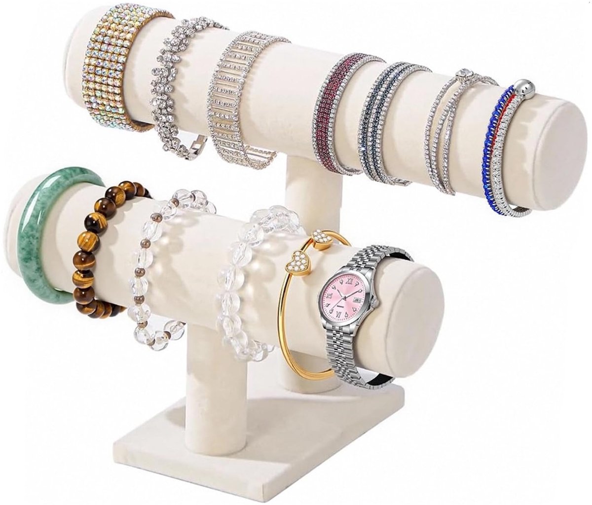 SnelShoppen - Fluwelen juwelenhouder, 2-laags T-bar sieradenorganizer voor armbanden, kettingen en horloges, compacte edelsteenbescherming voor kaptaf