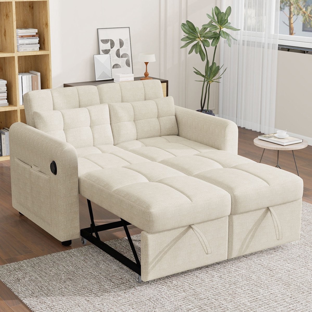 COVREO Slaapbank 142x85x83 cm - beige katoen en linnen, 3-in-1 met verstelbare rugleuning