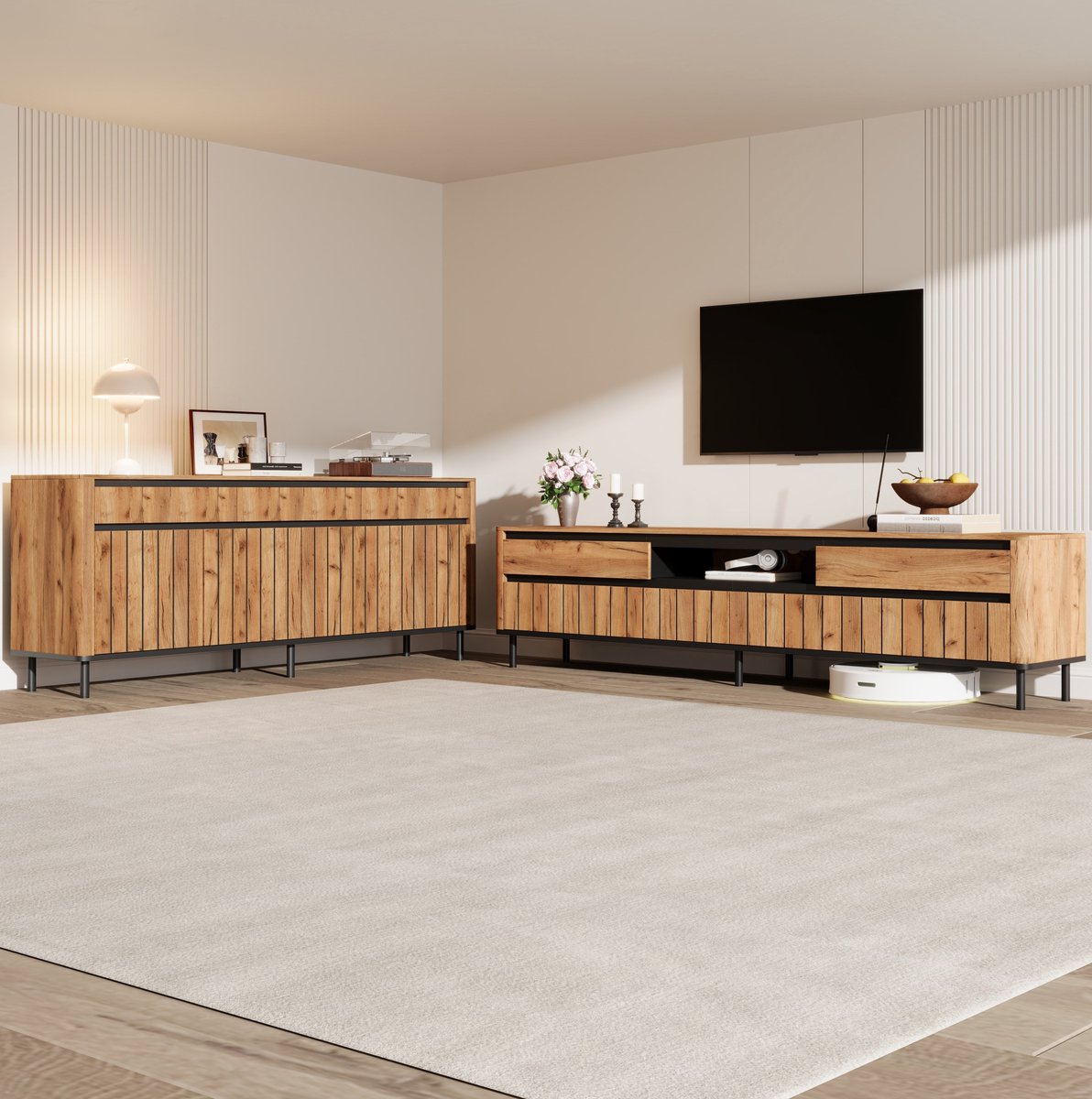 STILVORA TV Meubel Set Van 2 – Modern Dressoir En Tv Meubel Met Opbergruimte – Naturaal Hout Met Zwarte Accenten – 180x40x52 Cm En 160x40x73 Cm