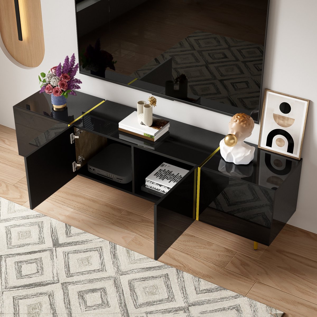 Highgloss tv meubel - vier deuren - modern en eenvoudig - zwart en goud