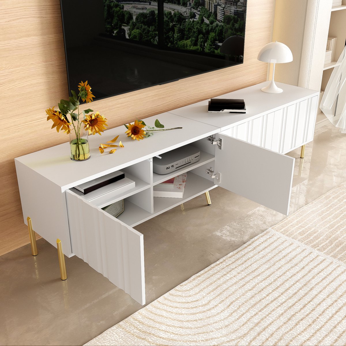 TV-meubel 190 x 38 x 48 cm - gouden poten - deurpanelen met groefontwerp - wit