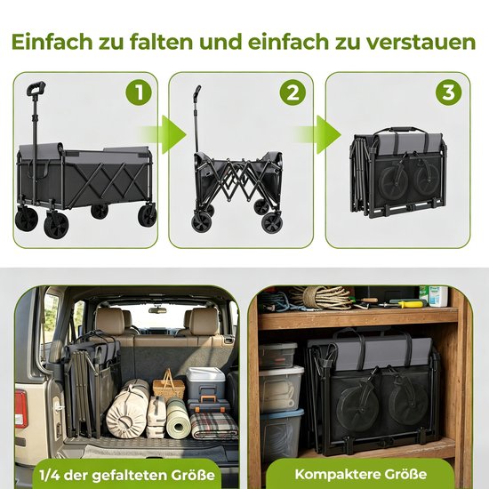 FloraGrace Tuinkar - Opvouwbaar 100 Liter 100 kg - 74 x 46 x 96,5 cm - Staal en 600D Oxford - Zwart - Voor Boodschappen En Camping — afbeelding 5