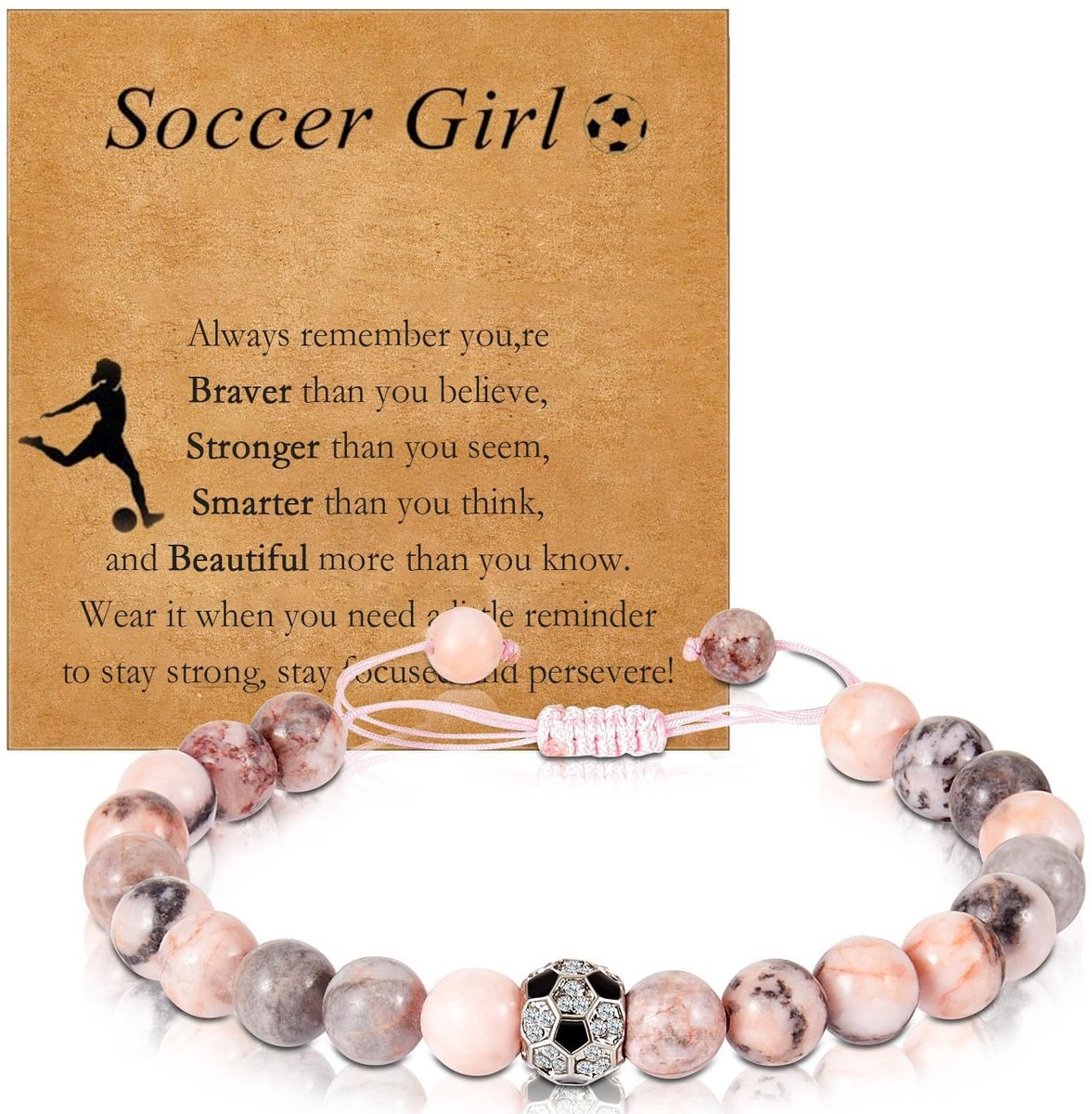 Dailygoods- Natuurstenen Armband - Roze Voetbalarmband - Vriendschapsarmband - Verstelbare Pasvorm - Gevlochten Touw - Inspirerende Voetbalkaart