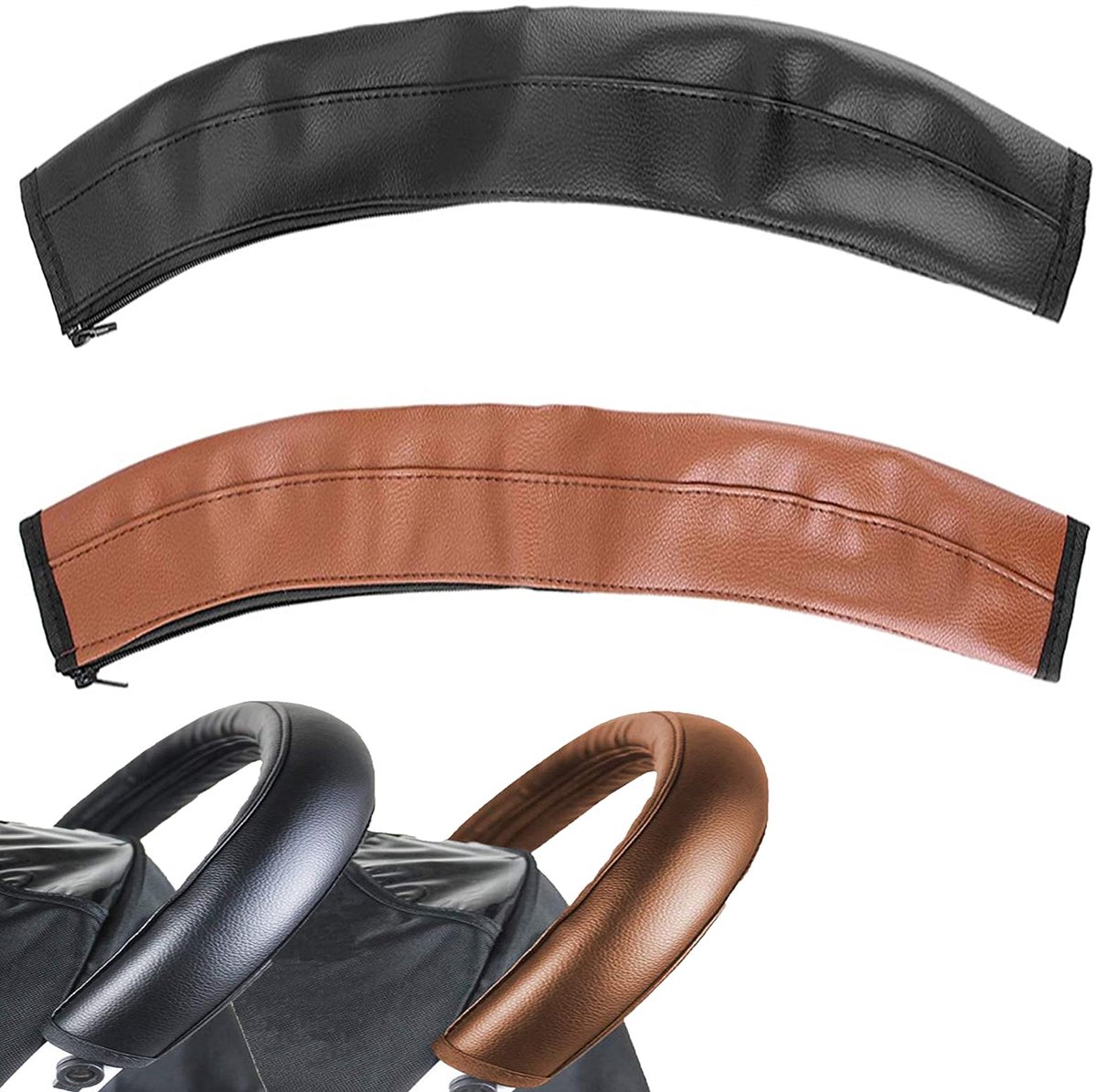 Dailygoods - 2 Stuks PU Lederen Cover voor Kinderwagen Armsteunen - Zwart en Bruin