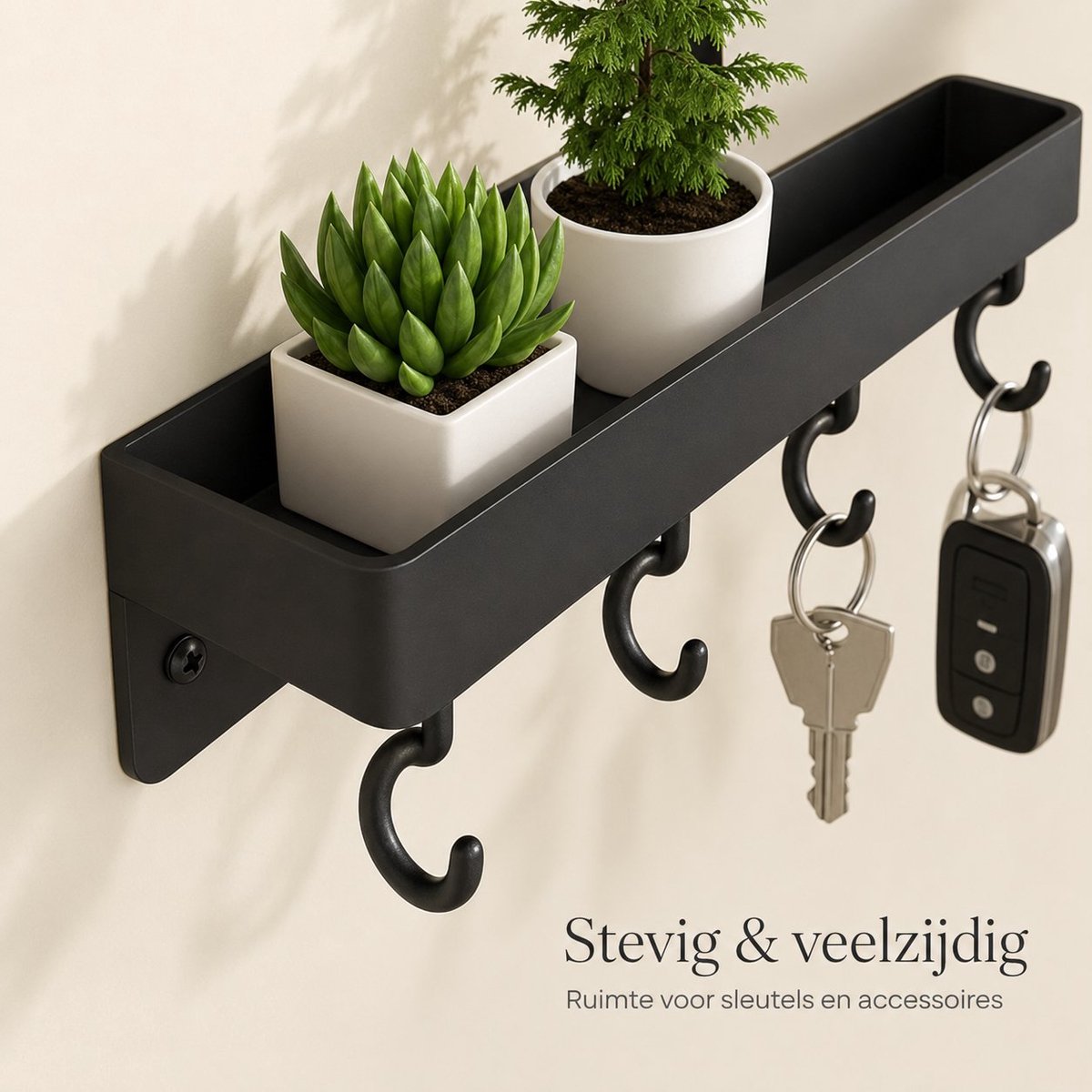 Arvion Sleutelrek Zelfklevend – Metalen Haken Met Plank – Sleutelhouder Wandmontage Zonder Boren – 6 Haaks – Zwart