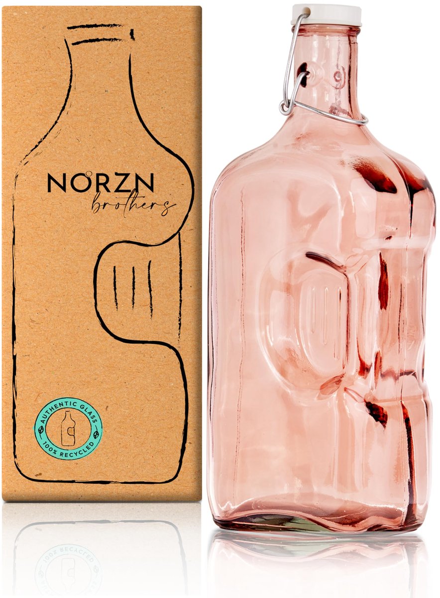 SnelShoppen - Glazen Fles 2L - Waterkan, Sapkan, Melkfles - Roze - 100% Gerecycled Glas - Geschikt voor Koelkast en Deur - Drinkfles voor Feest, Campi
