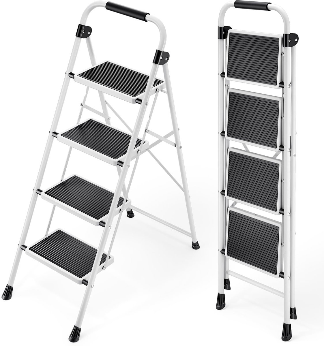 SnelShoppen - Opvouwbare 4-traps Opstapladder voor Volwassenen met Leuningen, Stevig Staal, Lichtgewicht en Inklapbaar met Anti-slip Pedaal, Wit voor