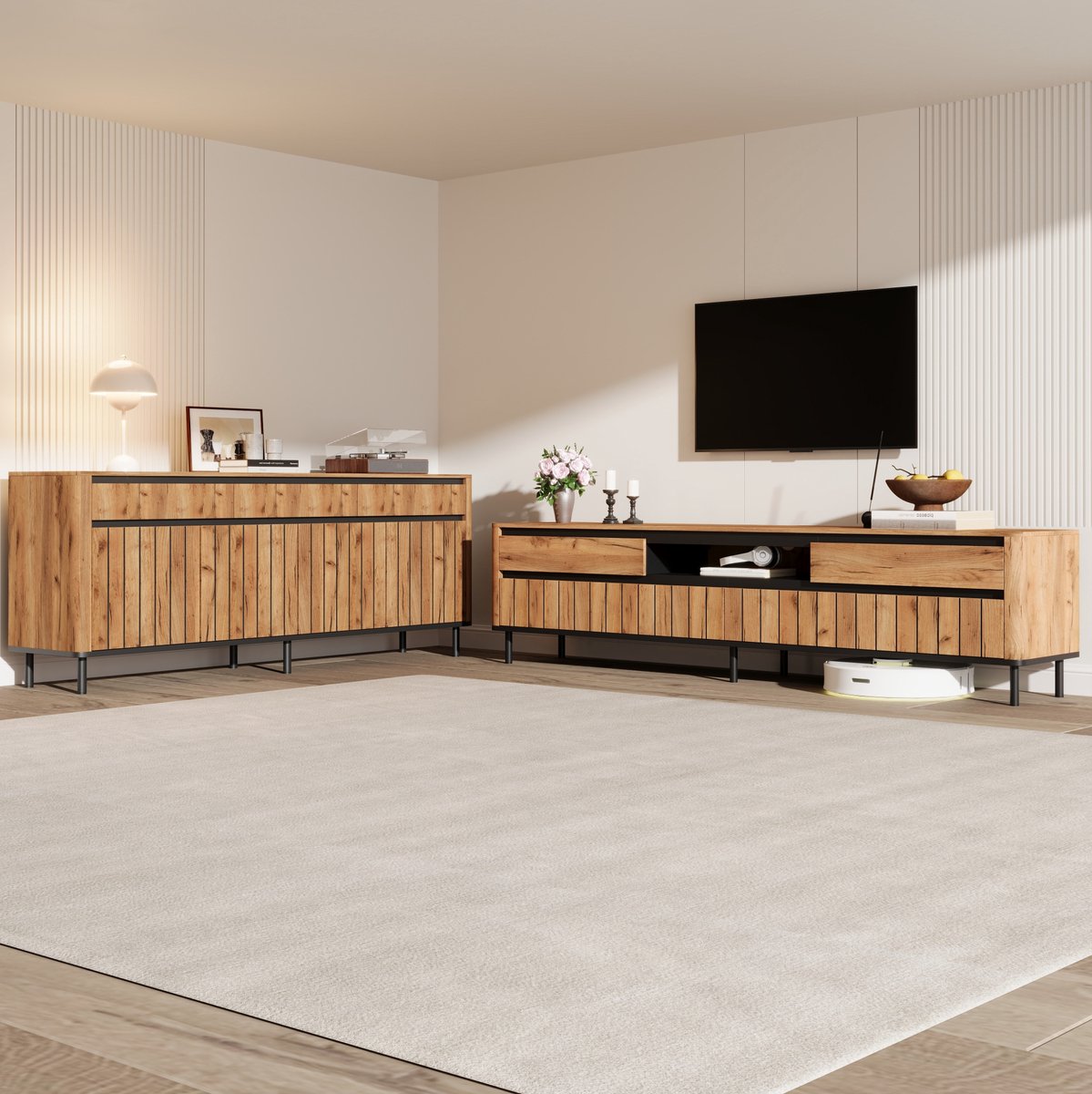 OKWISH Tv Meubel En Dressoir Set - Naturel Houtkleur Met Zwarte Accenten - Voor 75 Inch Tv - MDF En Metaal - 180 En 160 Cm