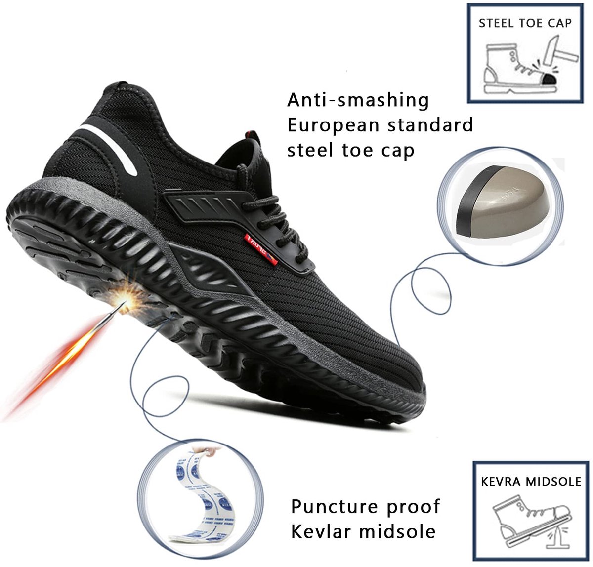 SnelShoppen - Veiligheidsschoenen voor dames en heren, werkschoenen met stalen neus, antislip, ademend, sportieve sneakers, zwart, maat 39 EU, ideaal