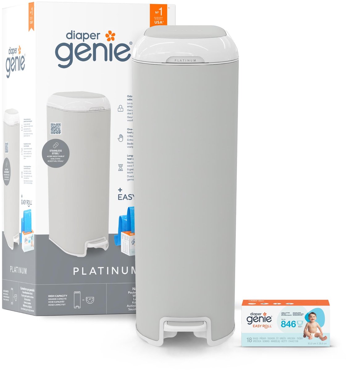 SnelShoppen - Diaper Genie Platinum Luieremmer Grijs met 1 Easy Roll Navulling (18 Zakken) - Ideaal voor Baby's, Kinderen, en Ouders - Hygiënisch, Sti