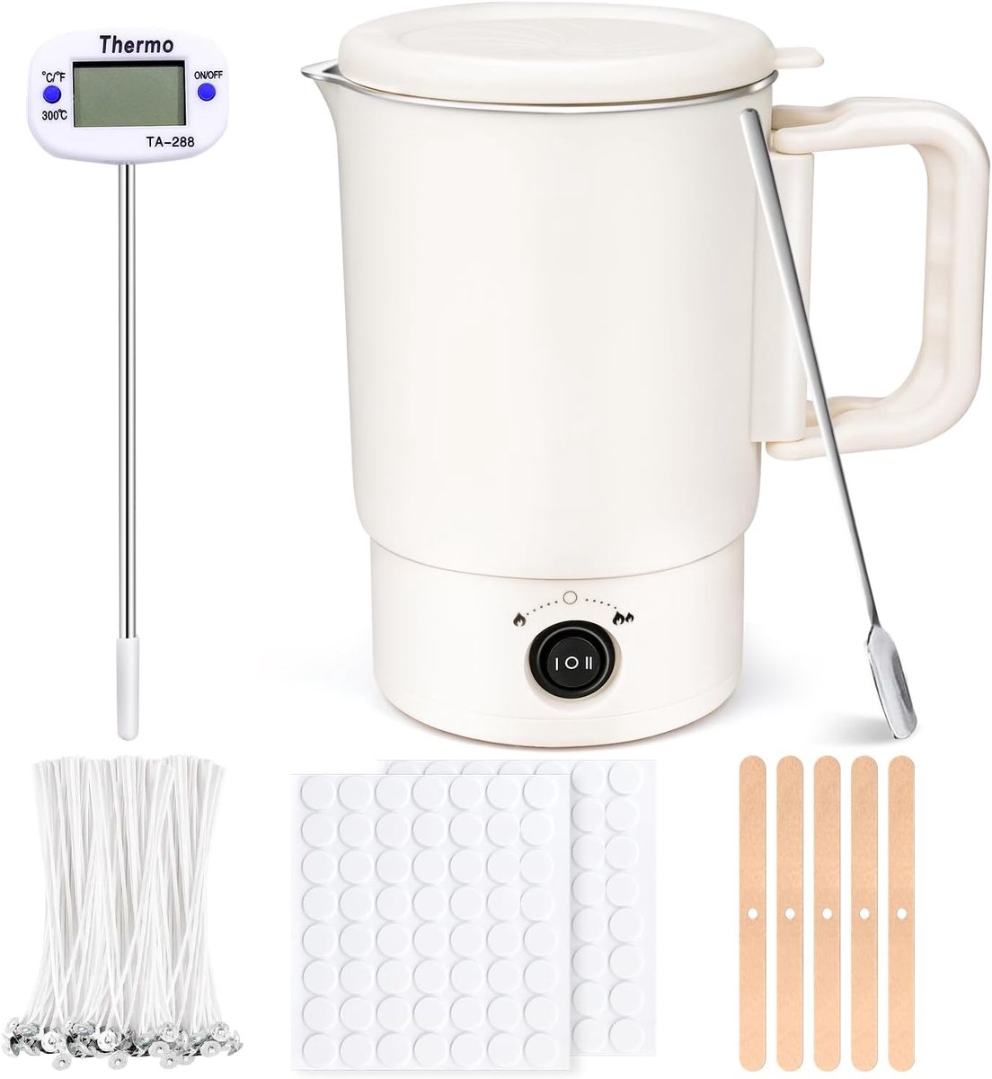 SnelShoppen - Elektrische Wassmelter voor Kaarsen Maken - Set met Wassmeltpot, Thermometer, Kaarslont, Lontstickers, Lonthouder en Roerlepel - Perfect