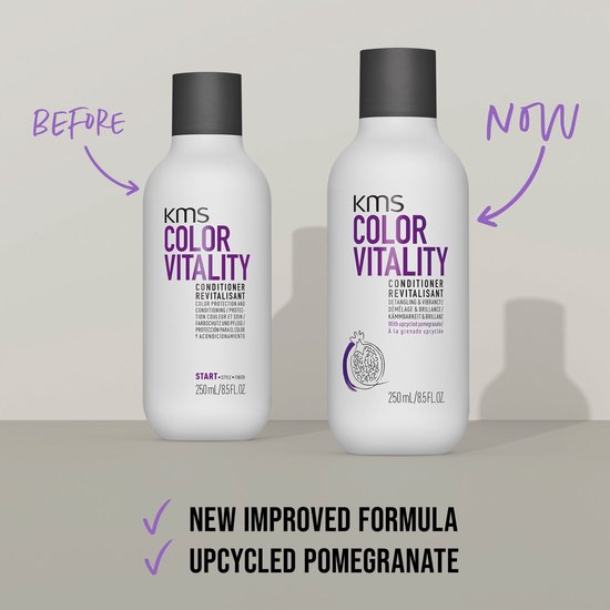 Twee KMS Color Vitality conditioners. De vernieuwde formule bevat granaatappel.