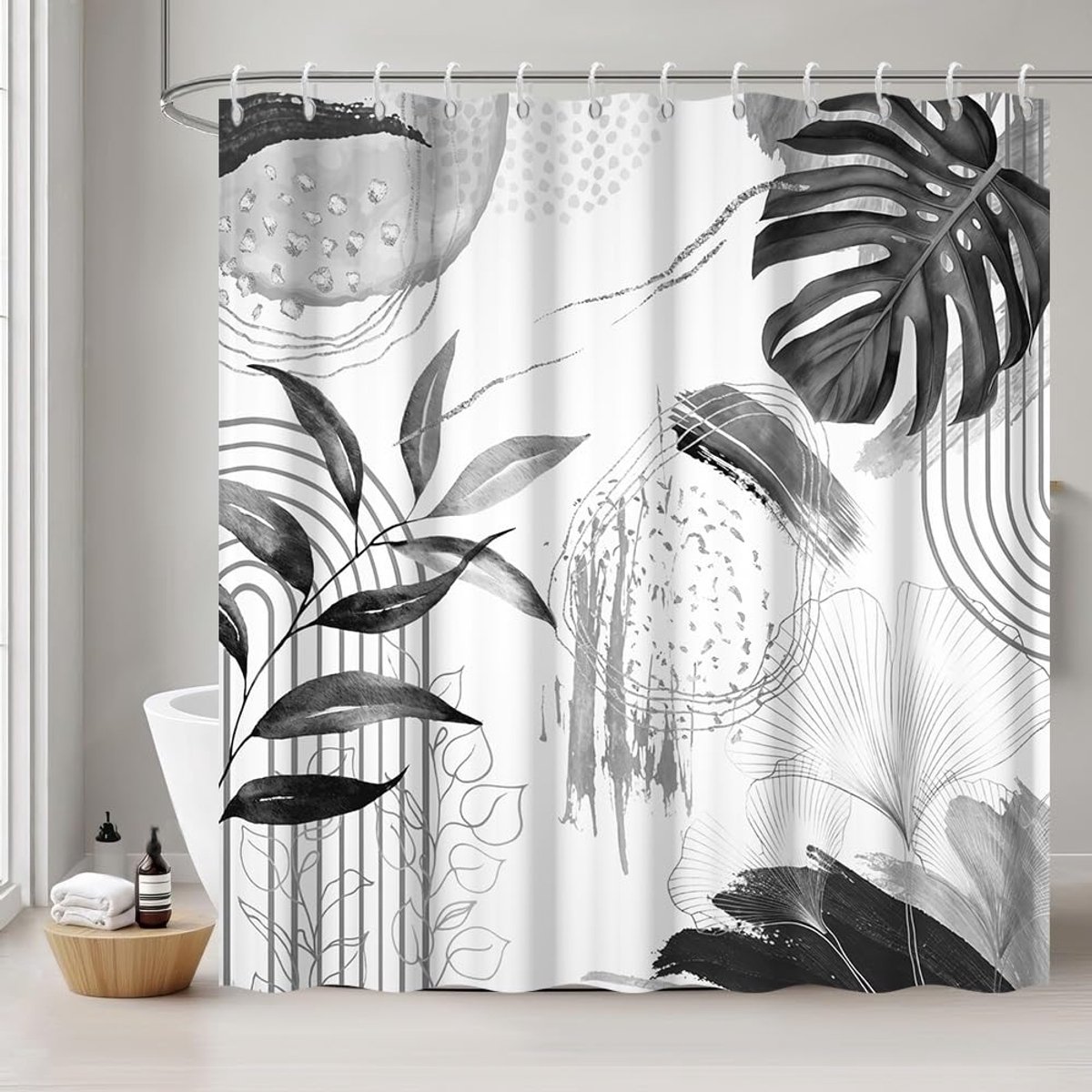 SnelShoppen - Douchegordijn 180 x 200 cm, Schimmelwerend, Grijs Boho-Stijl met Tropische Palmbladeren, Waterdicht Polyester Badgordijn met 12 Haken vo