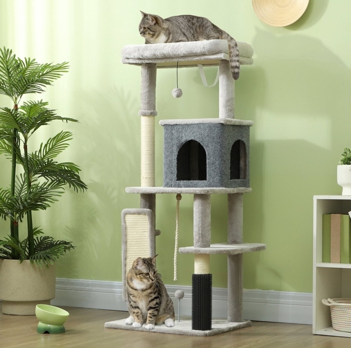 FloraGrace Krabmeubel – 132 Cm Krabpaal Met Kattenbed – 55 x 44 x 132 Cm – Pluche, Sisal En Polyester – Lichtgrijs – Met Huisje En Speeltjes
