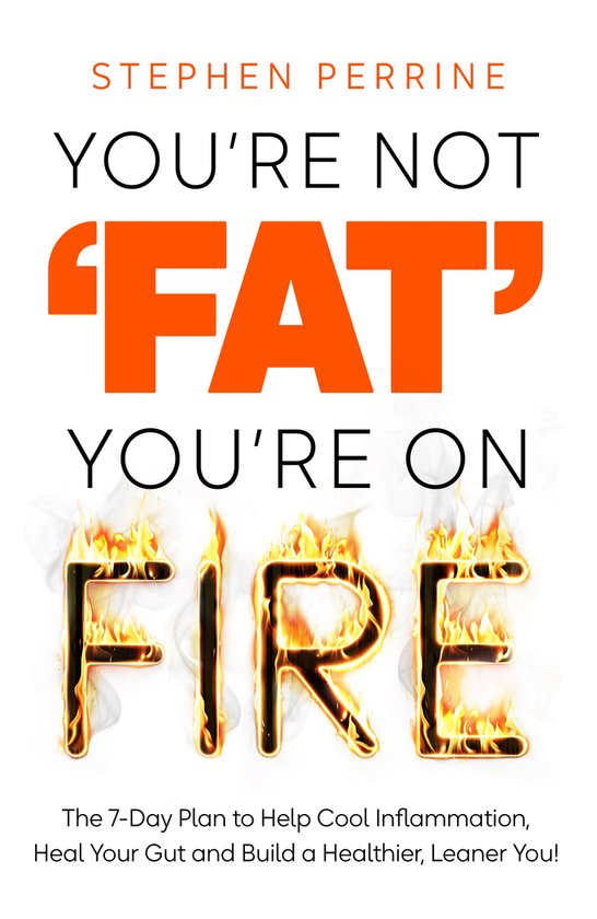 Boekomslag met de titel "YOU'RE NOT 'FAT' YOU'RE ON FIRE". Tekst van Stephen Perrine.