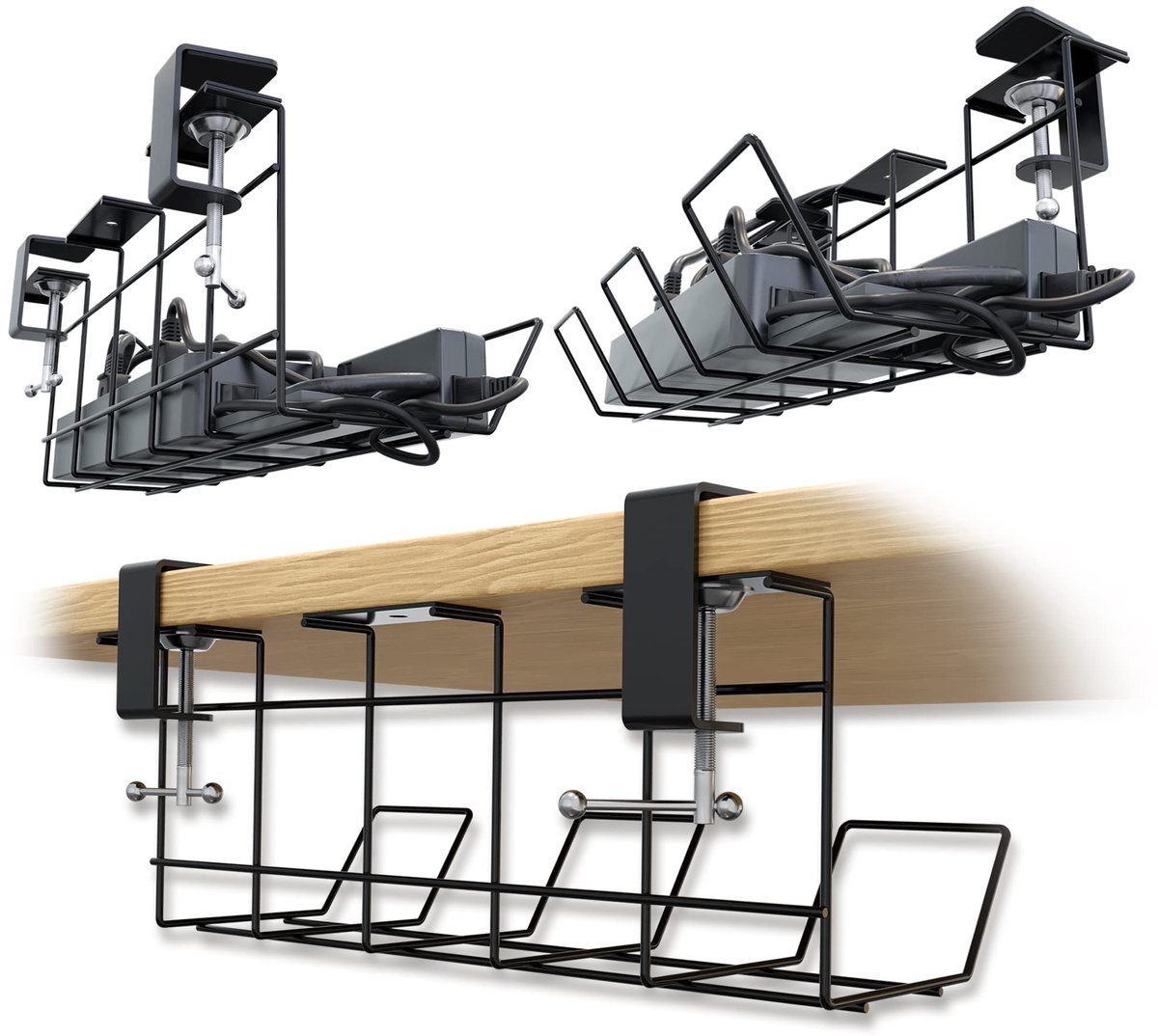 SnelShoppen - Kabelmanagement Onder Tafel Set van 2 - Modulaire Kabelgoot Bureau - Zwarte Kabelhouder voor Kabels - Ruime Kabelmand - Ideaal voor Thui
