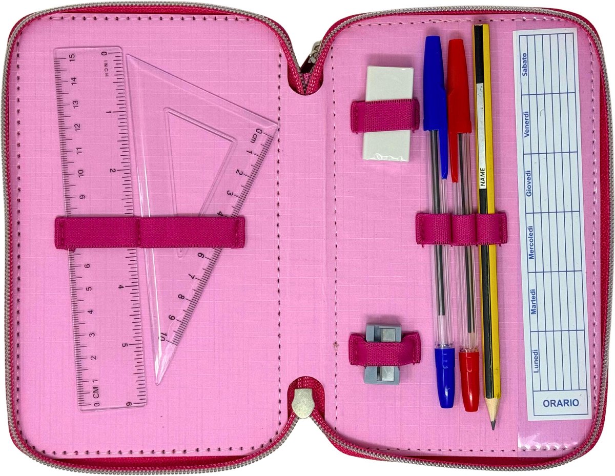 SnelShoppen - Clondo Pennenetui met 3 vakken voor school, 44 delen, 3D-effect figuren, schrijfwarenset voor kinderen, basisuitrusting 20x12x7 cm, 6+ j