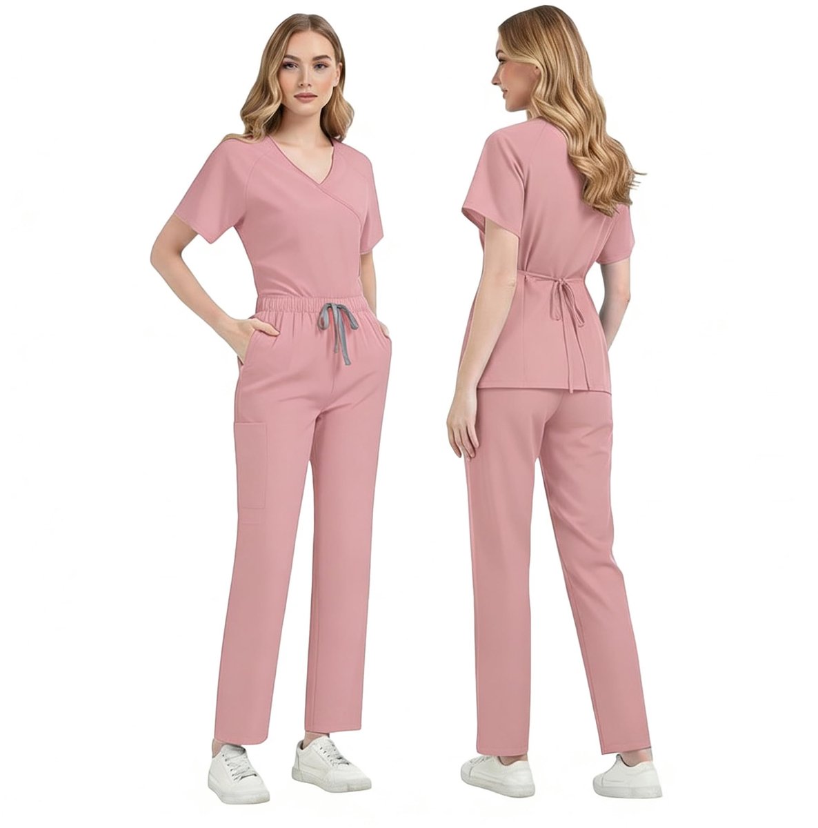 SnelShoppen - Meichoon Medische Kledingset Dames Korte Mouw V-hals Top en Rechte Broek Verstelbaar Medisch Uniform voor Verpleegkunde DK89, Roze, Maat