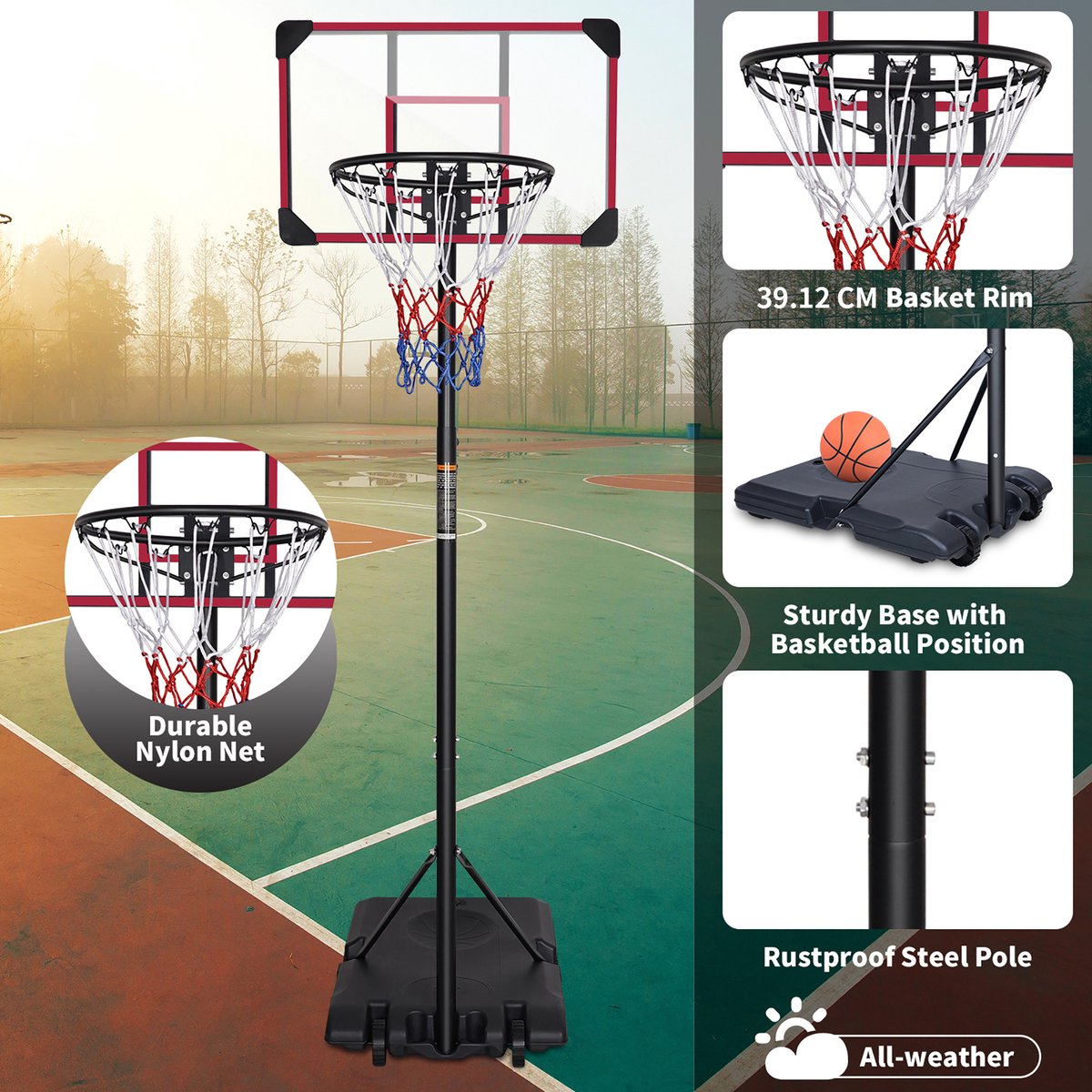 MIVRAY Basketbalstandaard Verstelbaar 170 213 Cm Met Wieltjes Staal Zwart Rood Voor Binnen En Buiten Voor Jong En Volwassen