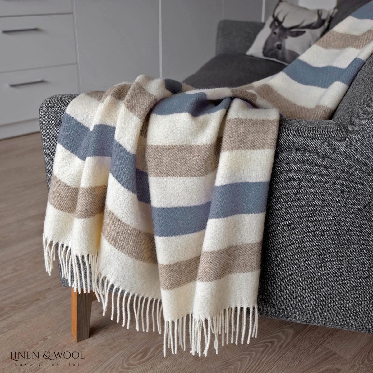 SnelShoppen - Warme Zachte Wollen Deken Gestreept 140x200 cm - 100% Nieuw-Zeelandse Wol - Beige Wit Blauw Knuffeldeken Plaid Gooi Sprei voor Bank Bed