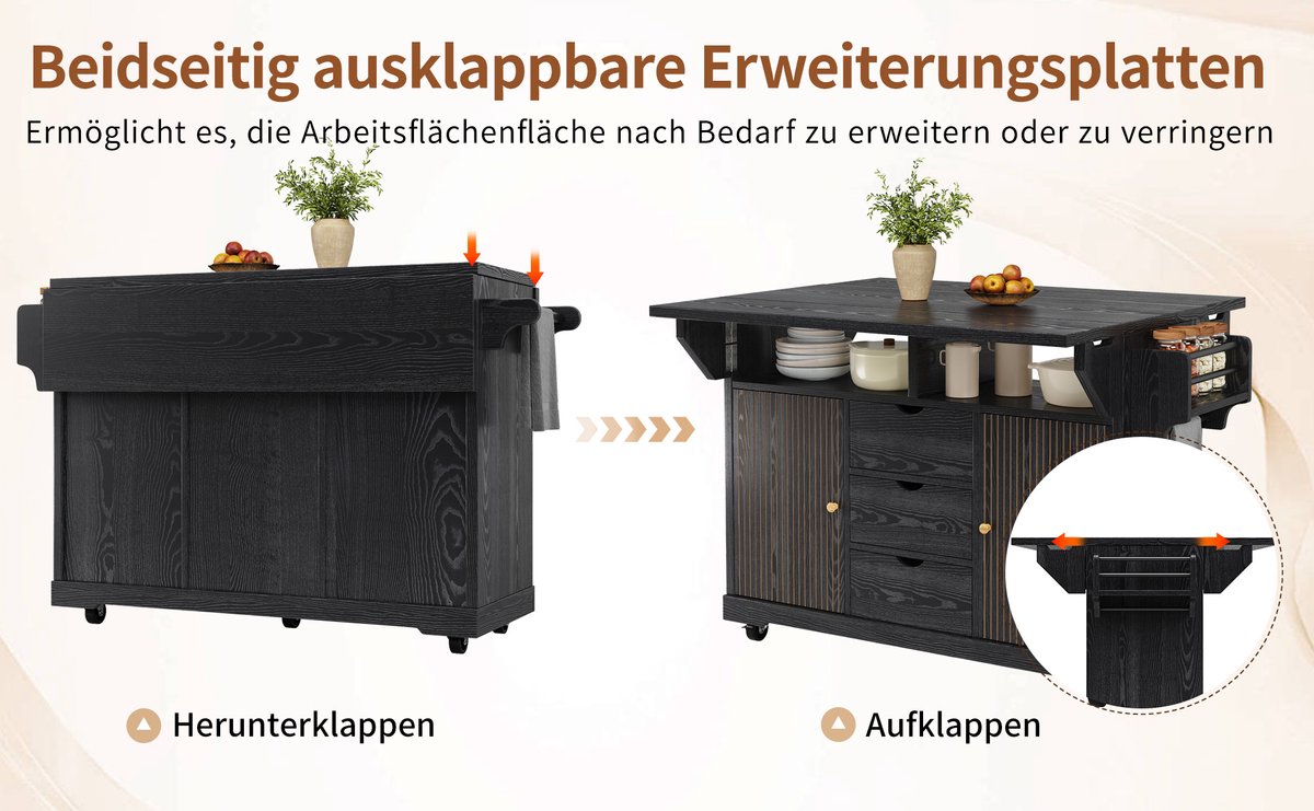 Keukeneiland Met Uitklapbare Bladen, 95 Cm Ergonomische Hoogte, 3 Lades En Vergrendelbare Wielen, Zwart, MDF En Metaal