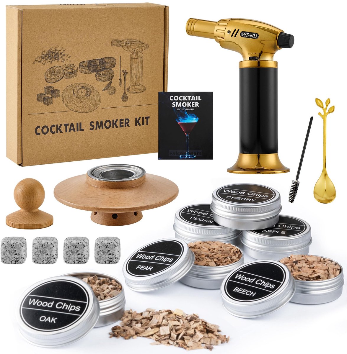 SolidKeus - Cocktail Smoker Set met 6 Houtsoorten en Whisky Stenen