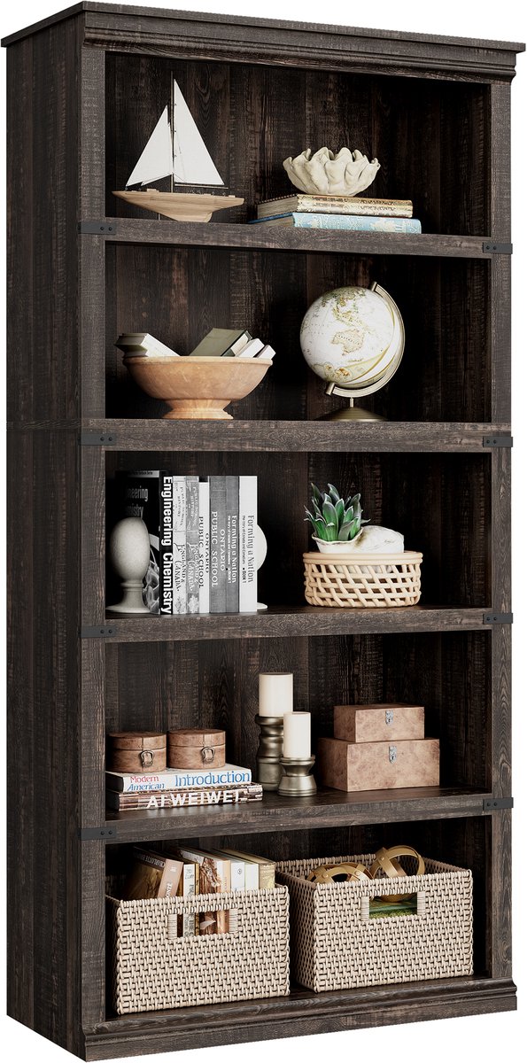 Boekenkast 5 Lagen - 80x32x171cm - Boekenkast Vintage Hoog - Opbergkast Open Vakken - Displaykast Vrijstaand - Voor Woonkamer En Kantoor - Donker Eikenkleur