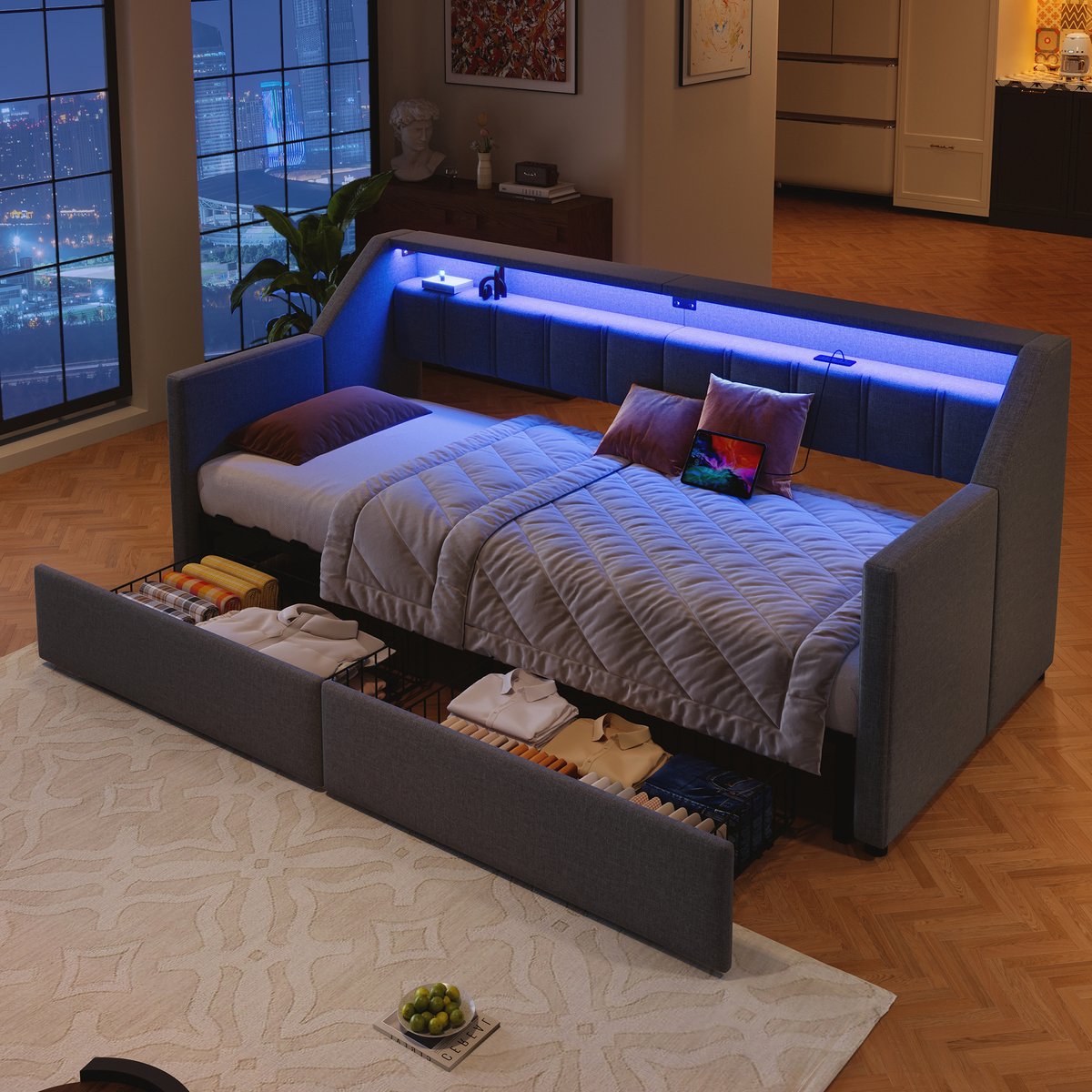 Bedframe - voor matras 90 x 200 cm - grijs - met LED-verlichting en USB-aansluiting en opbergruimte - matras niet inbegrepen - voor de slaapkamer
