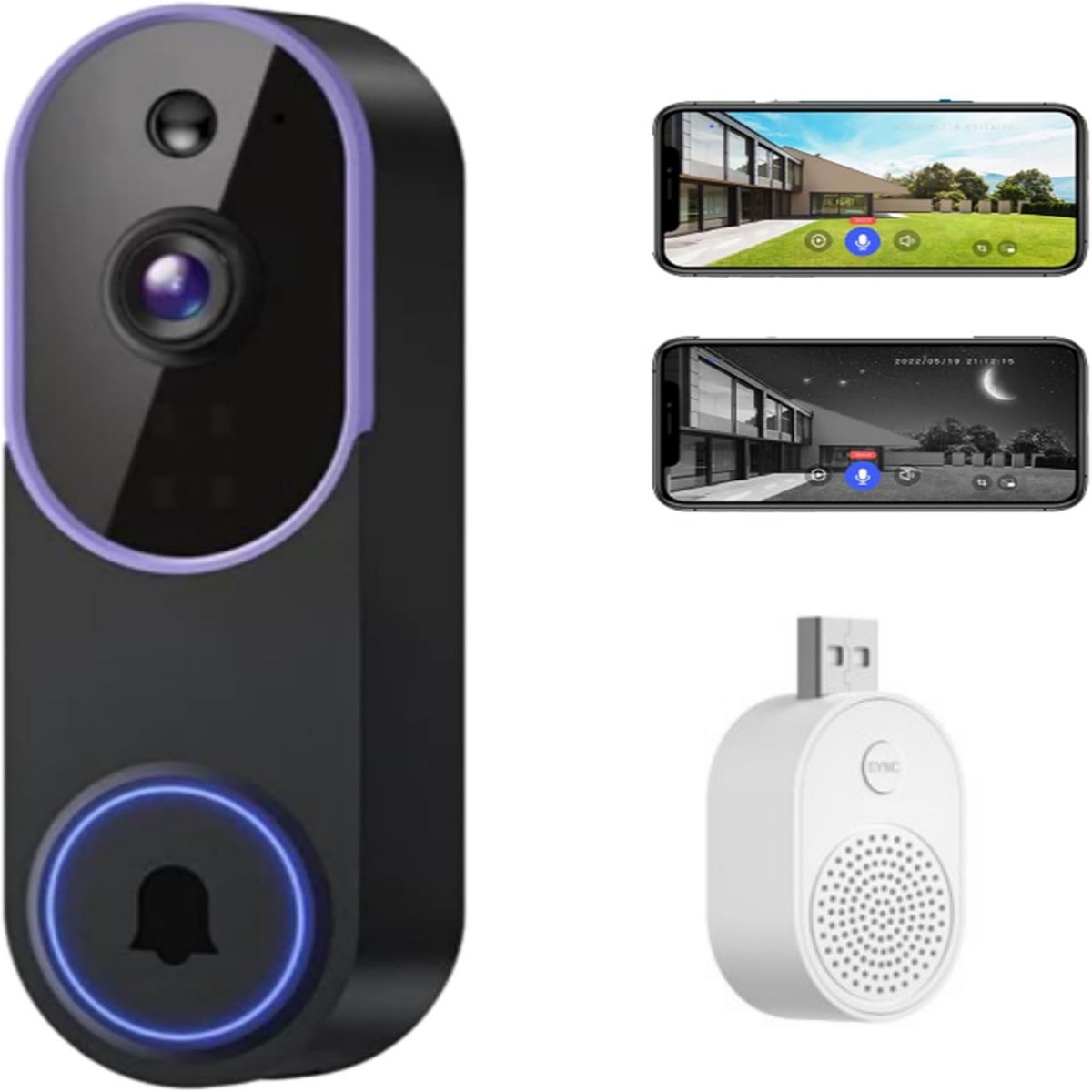 Slimme 1080p-videodeurbelcamera – met nachtzicht, livebeeld, AI-persoonsdetectie en tweewegaudio – ondersteunt alleen 2,4 GHz-wifi
