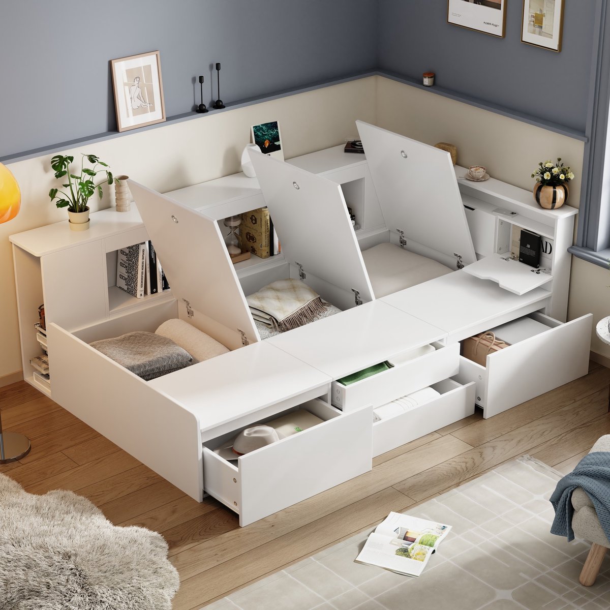 Kinderbed - voor matras 90 x 200 cm - wit - met opbergruimte en lattenbodem - maximaal belastbaar 200 kg - matras niet inbegrepen - voor de slaapkamer