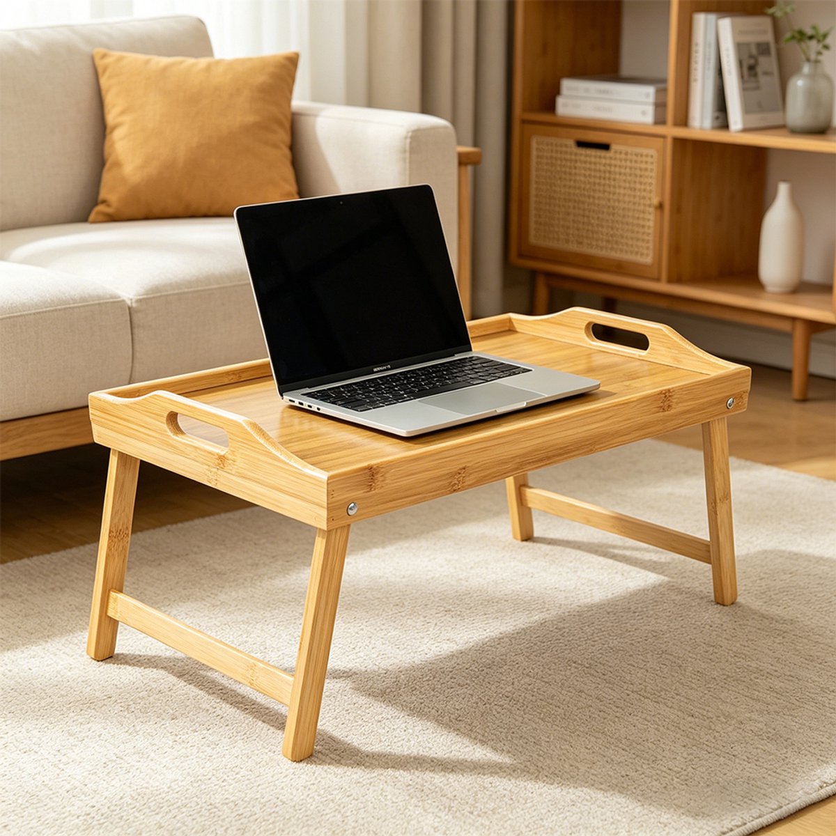 Opvouwbaar Serveerblad Van Bamboe, Nachtkastje Met Inklapbare Poten, Multifunctioneel Ontbijtblad Voor Op Schoot, Opklapbare Bedtafel. — cadeau in Koken & Dineren - foto 8