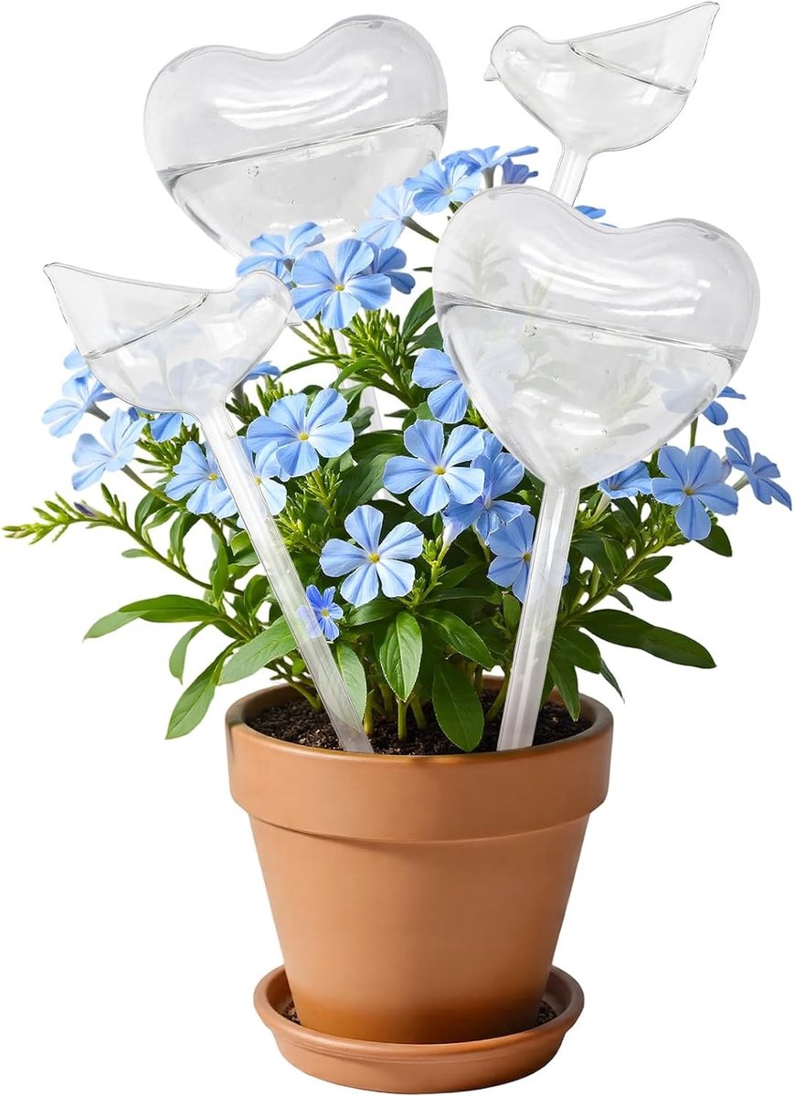Automatische plantenwaterdruppelaars set van 4, ideaal voor potplanten, binnen en buiten, met vogel- en hartvormen