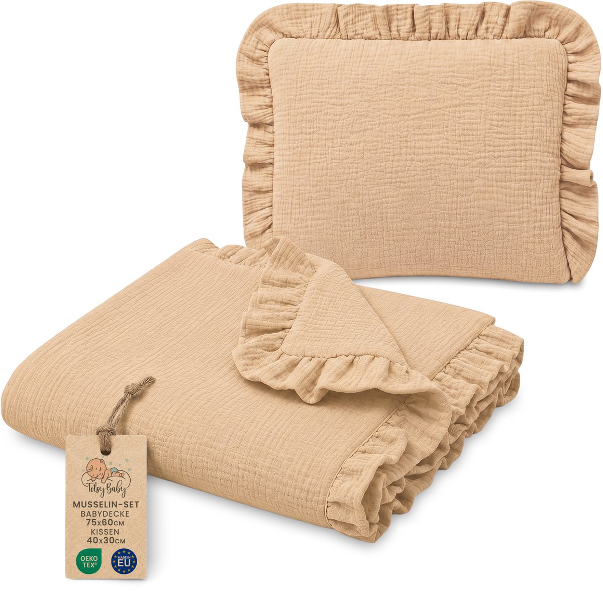 Katoenen Babydeken Set Set: Babydeken 75x60 cm + Kussen 40x30 cm Katoen Muslin voor Kinderwagen Wieg Ledikant Ademend met Ruches Lichtgewicht Zomerdeken Pasgeboren Beige