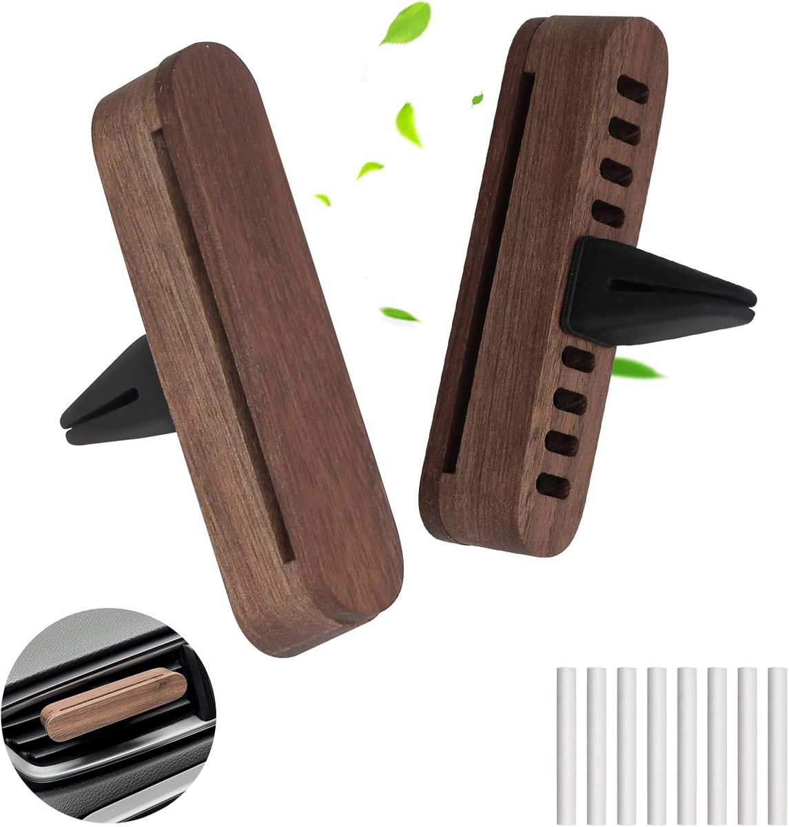 SnelShoppen - 2 Autodiffusers Houten Auto Diffuser voor Etherische Oliën met 8 Navulpads - Auto Luchtverfrisser Geur Diffuser voor Meer Rijplezier en