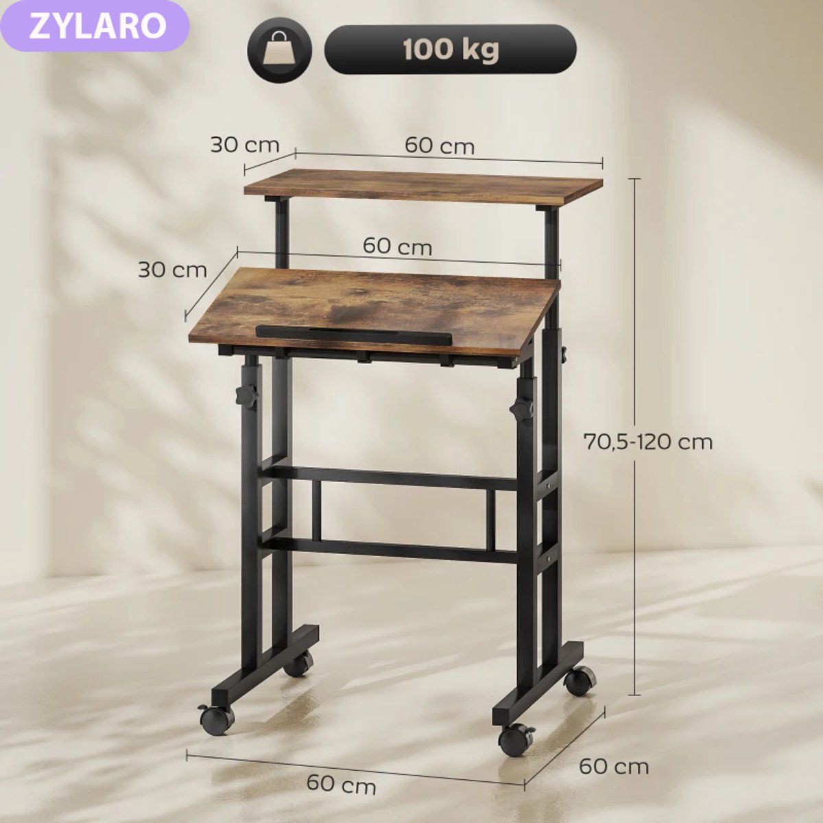 ZYLARO Zit-sta Bureau met Plank & 4 Wielen thumbnail 2