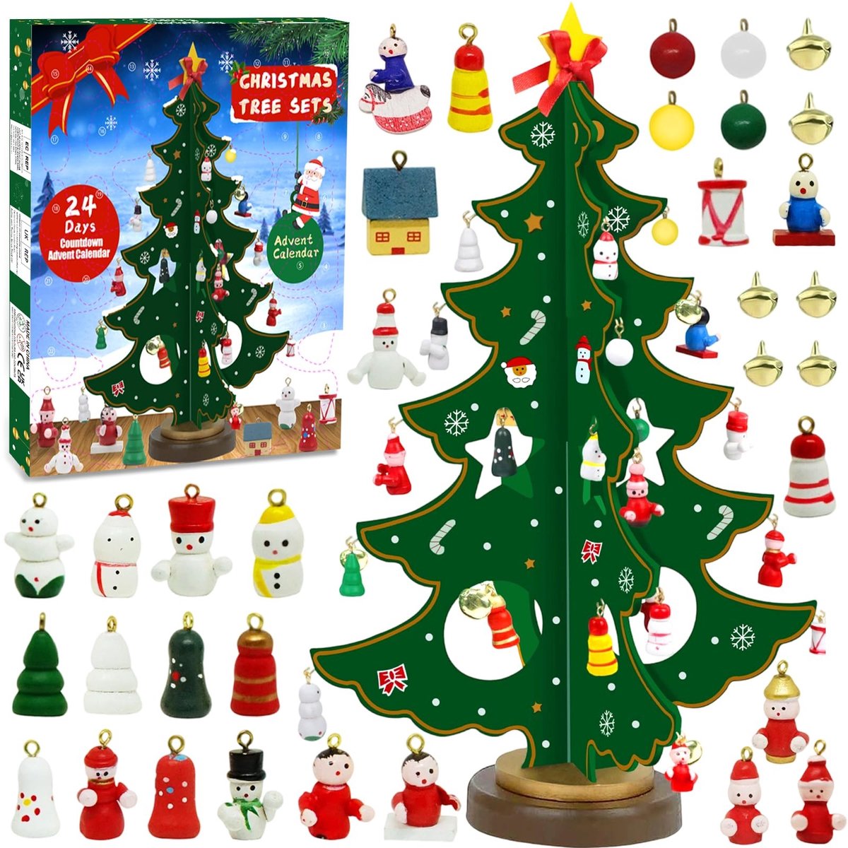 Omgoods - Houten Adventskalender voor Kerstmis met 29 Stukken Versiering
