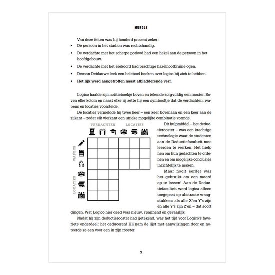 Une grille avec des cases et des symboles pour 'Suspects', 'Lieux' et 'Armes', partiellement vide.