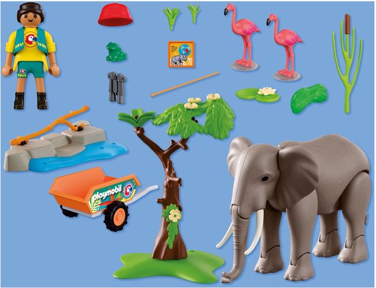 Playmobil speelgoedset met olifant, 2 flamingo's, dierentuinmedewerker, wagen, boom en accessoires.
