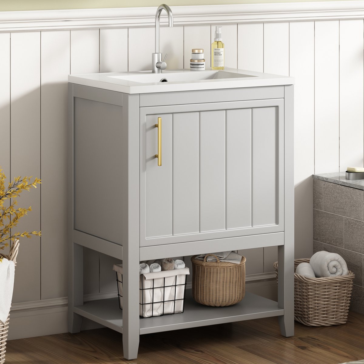 Badkamermeubel met wastafel - Losse wastafelcombinatie voor kleine badkamer - 60 cm - Lichtgrijs - Keramisch wasbekken - Open legvlak - Antislip poten