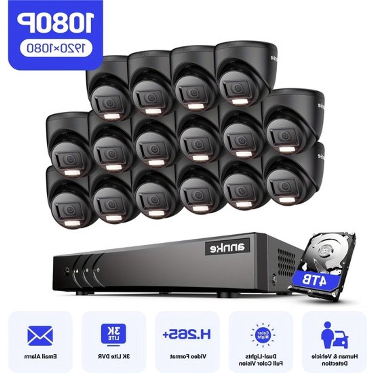 16-kanaals CCTV Beveiligingssysteem – Bewakingscamera Set – Beveiligingscamera Systeem – Camera Beveiliging – 4TB Opslagvariant – AI Mens- en Voertuigdetectie – 30 Meter Nachtzicht