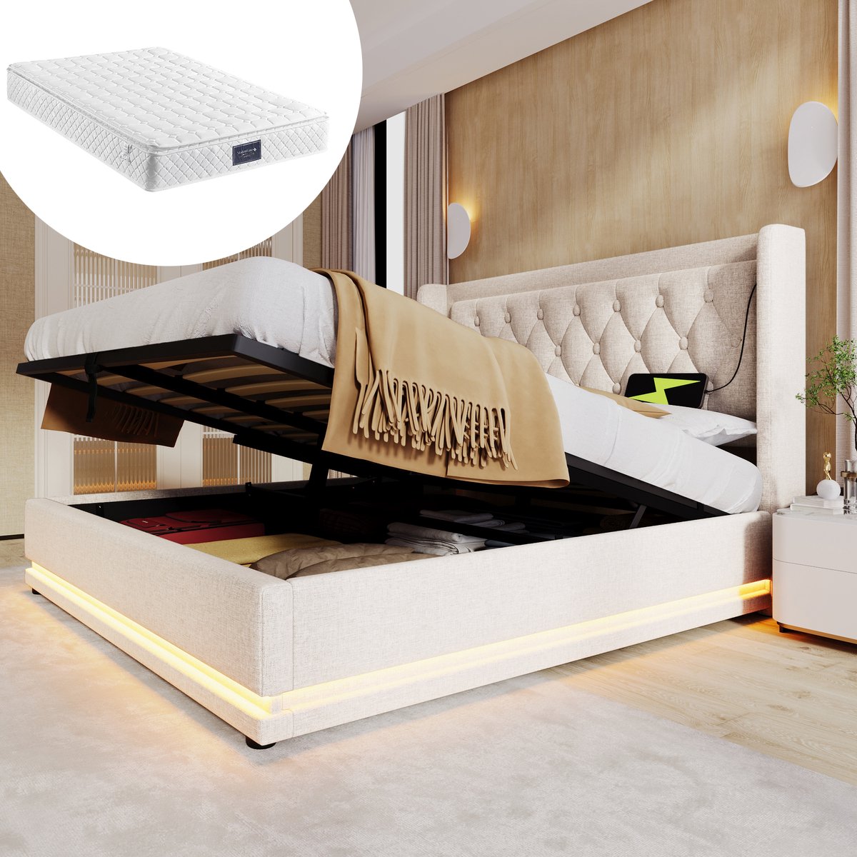 Bedframe - 160x200 Cm - Bed - Met Lattenbodem - Met Opbergruimte - LED - USB C - Beige - Met Matras