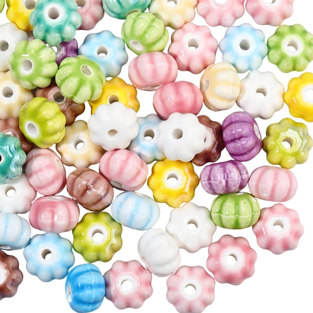 1 Doos 80 STKS Keramische Pompoen Vormige Kralen met Gaten Gemengde Kleur Handgemaakte Diverse Geglazuurde Porselein Spacer Losse Kraal Charm Bulk voor Sieraden Maken Kettingen Armbanden