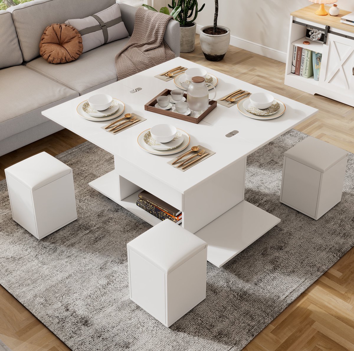 STILVORA Salontafel - Hoogteverstelbaar En Multifunctioneel - Voor Woonkamer En Eetmomenten - Wit - Spaanplaat - 100x100x64,5 Cm
